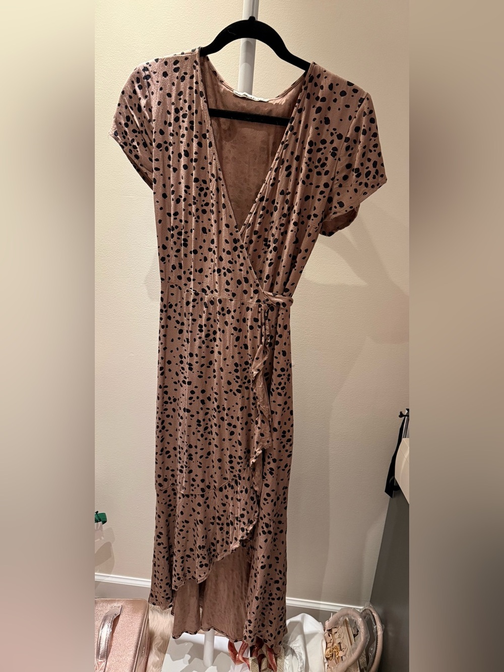 Abercrombie & Fitch Taupe Wrap Dress with Black Spot Print